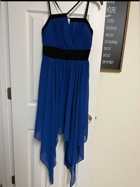 Chiffon High-Low Evening Dress in Royal Blue with Black Trim
